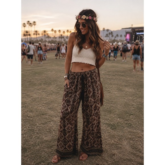 Chelsea & Theodore Pants - Chelsea & Theodore Large Palazzo Pants Geometric Tassel Wide Leg Boho #1205